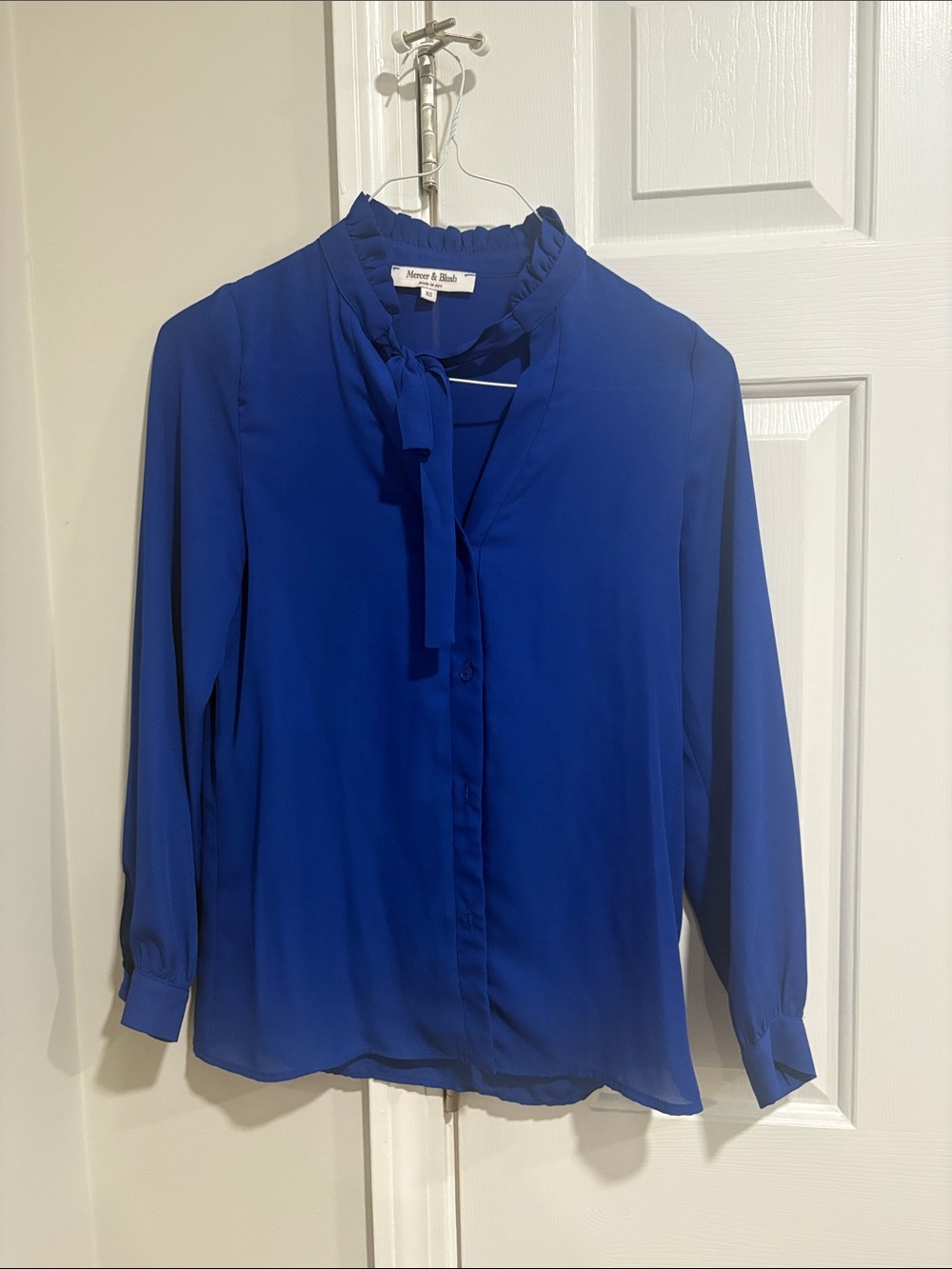Mercer & Blush Royal Blue Tie-Neck Blouse